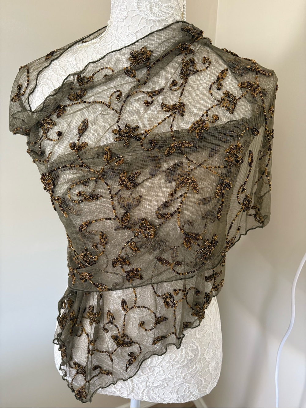 Vintage Hand Beaded Mesh Bolero Shrug Bronze Floral Formal Evening Jacket OS